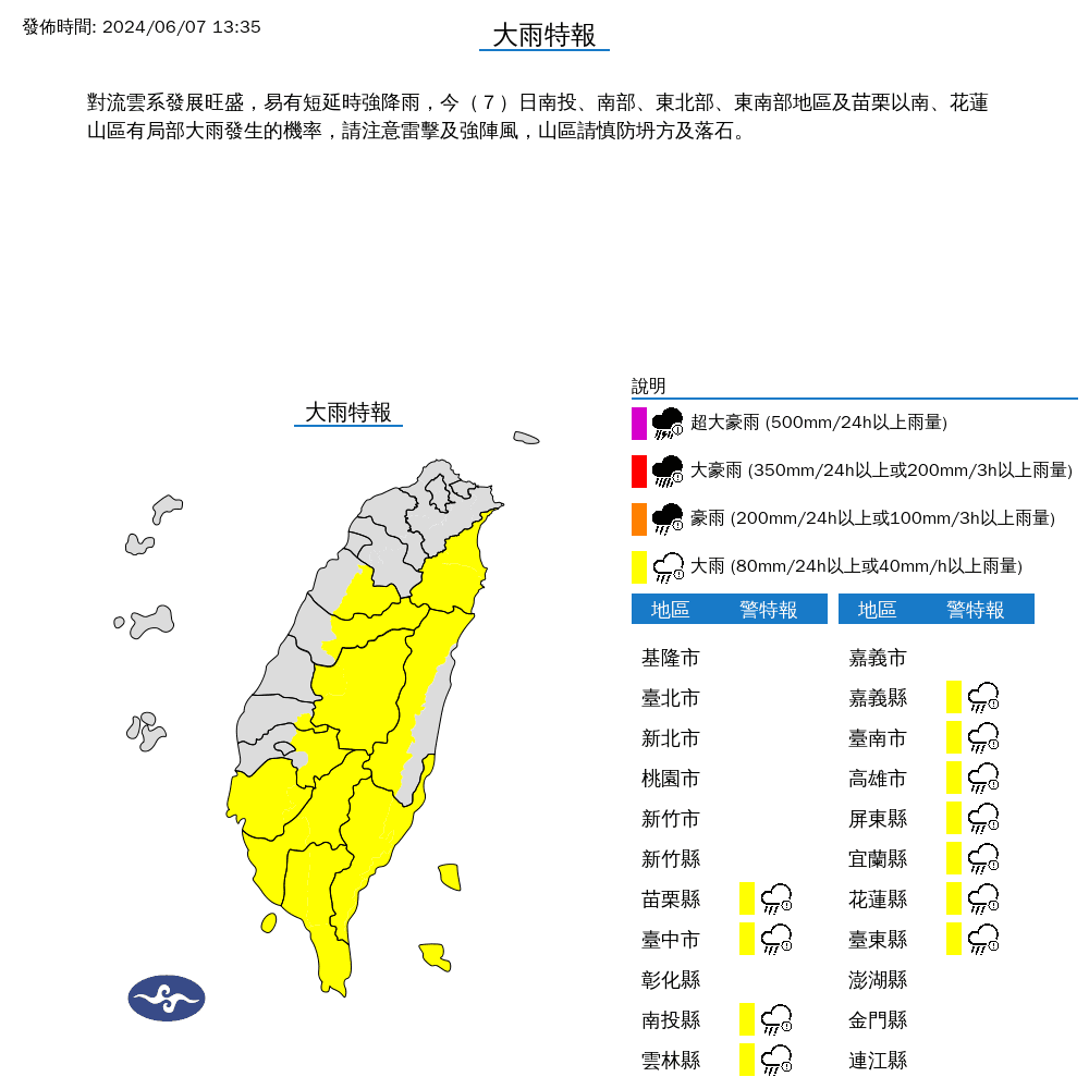 氣象署今下午更新警報資訊,針對全台11縣市發布大雨特報。(中央氣象署提供)