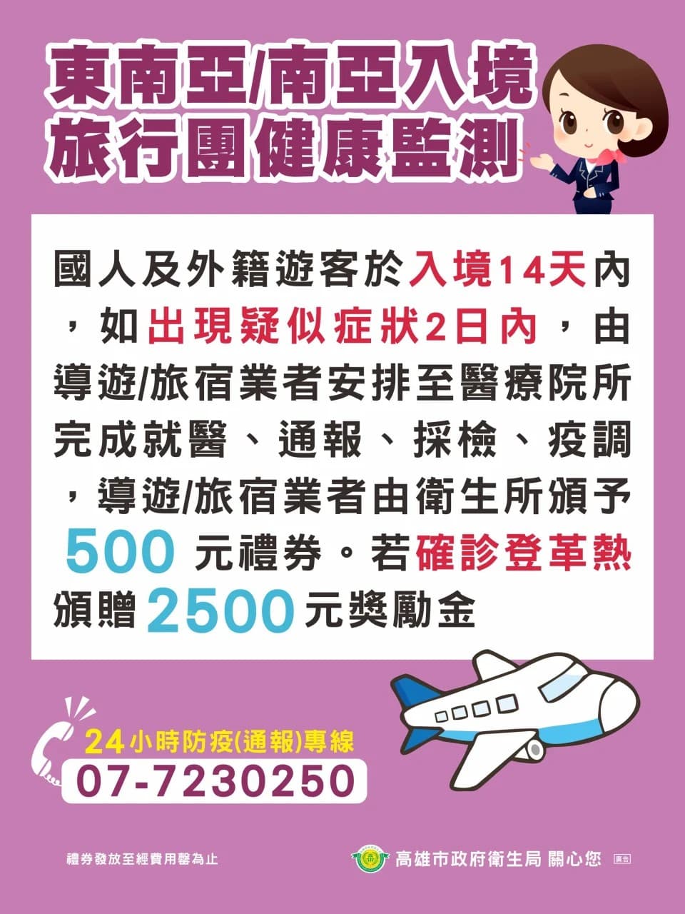 因台籍導遊及時帶到醫療院所完成就醫、通報、採檢及協助疫調等防疫事項,符合旅行團健康監測獎勵措施,衛生局將頒予500元禮券予該導遊。(高雄市衛生局提供)