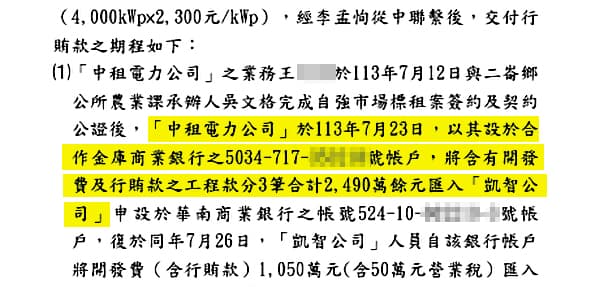 起訴書指出,中租得標完成簽約後,將含有開發費及行賄款共二四九○萬餘元匯給掮客方(凱智)。(翻攝起訴書)