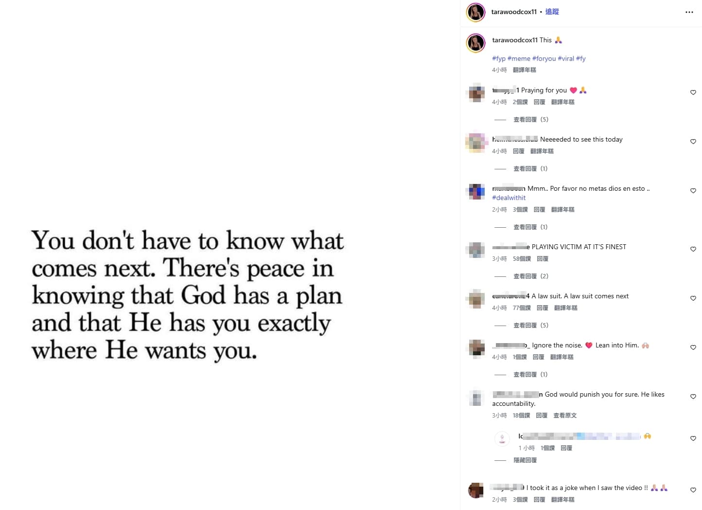 她在IG發文稱上帝都有安排,仍引發網友留言砲轟。(翻攝自Instagram)